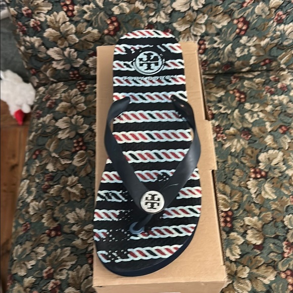 Tory Burch Shoes - Navy Striped Flip Flops with Logo